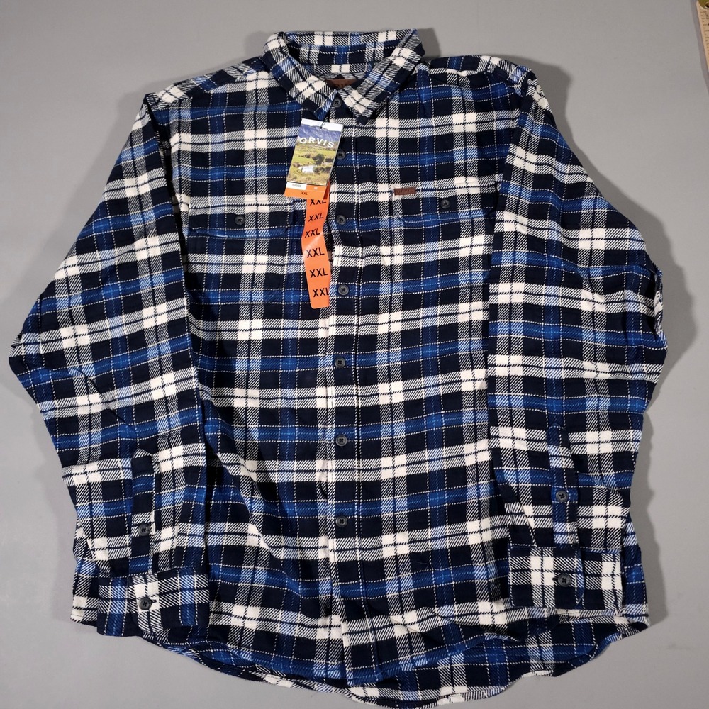 Orvis Flannel Shirt Mens XXL Navy Check Plaid Heavyweight Double Brushed NWT